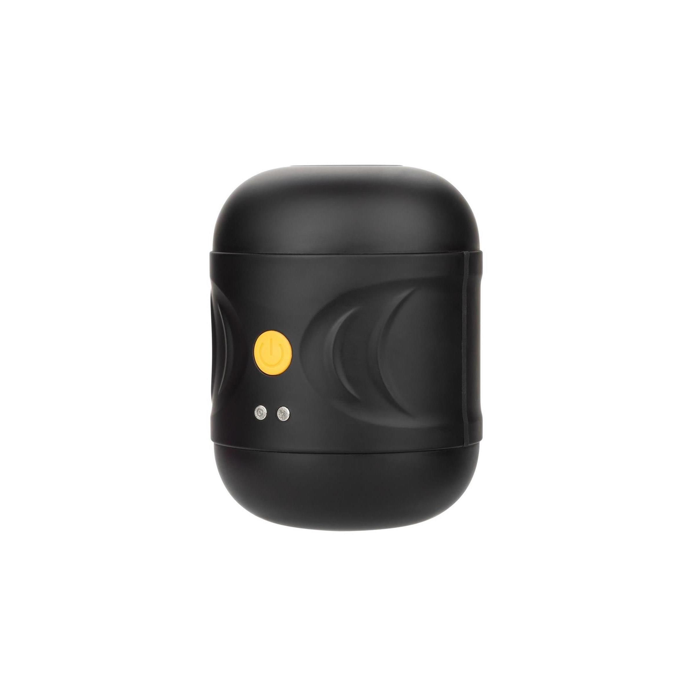 Schwarzes Gerät mit abgerundeten Enden. Gelber Knopf und zwei kleine Knöpfe. Für Intimität.
