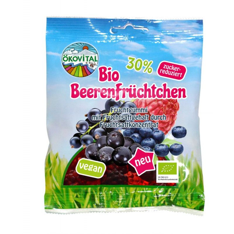 Verpackung mit Bio Beerenfrüchten. Aufschrift: Ökovital, Bio Beerenfrüchten, 30% zuckerreduziert, vegan, neu. Mit Fruchtsaftkonzentrat.