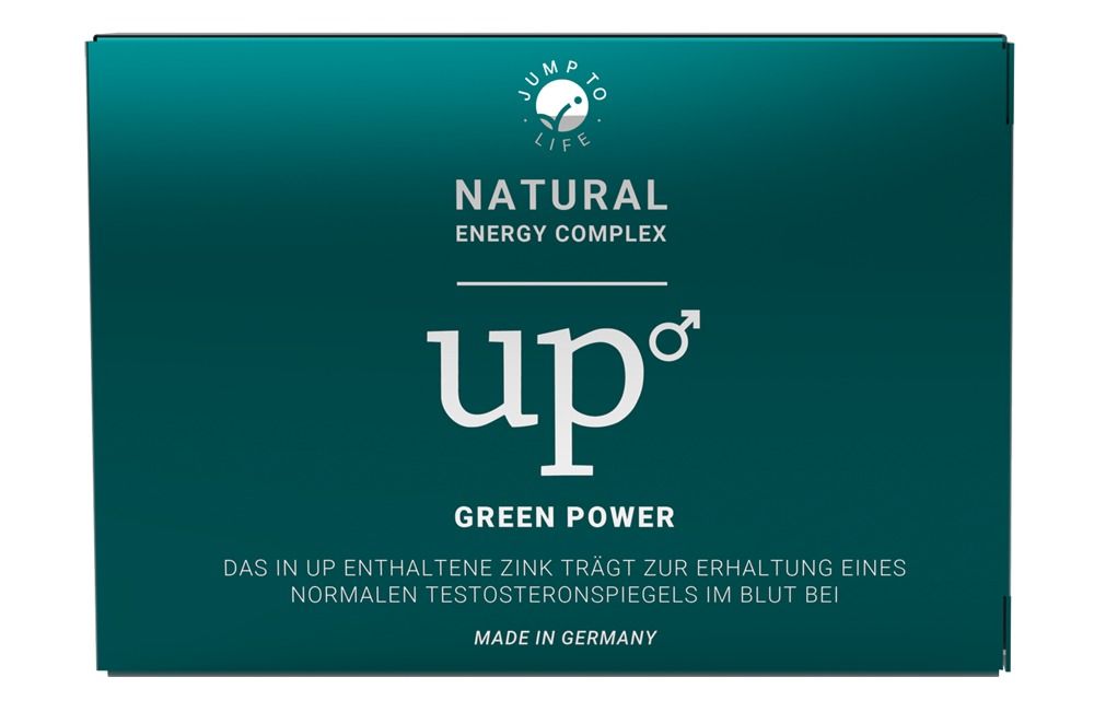 Verpackung für 'up' Natural Energy Complex, Green Power. Enthält Zink für Testosteronspiegel. Made in Germany.
