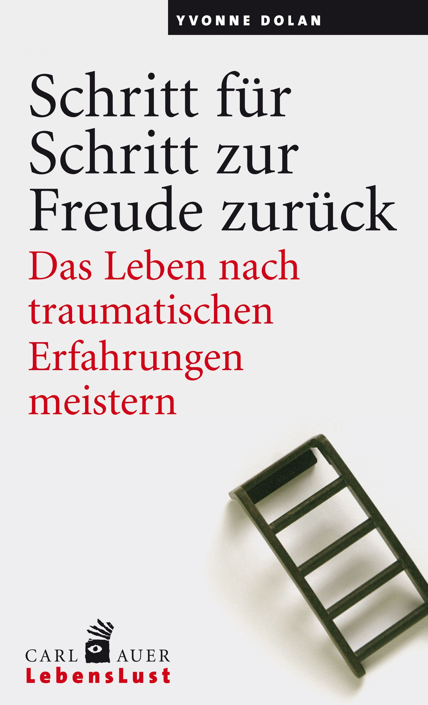 Buchcover: "Schritt für Schritt zur Freude zurück". Titel in Schwarz, Untertitel in Rot. Kleines Leiter-Symbol. Verlag Carl Auer.