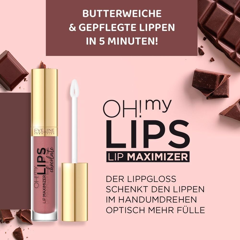 Eveline Cosmetics Oh! My Lips Lip Maximizer Chocolate. Goldene Tube mit Applikator. Schokoladenstücke im Hintergrund.