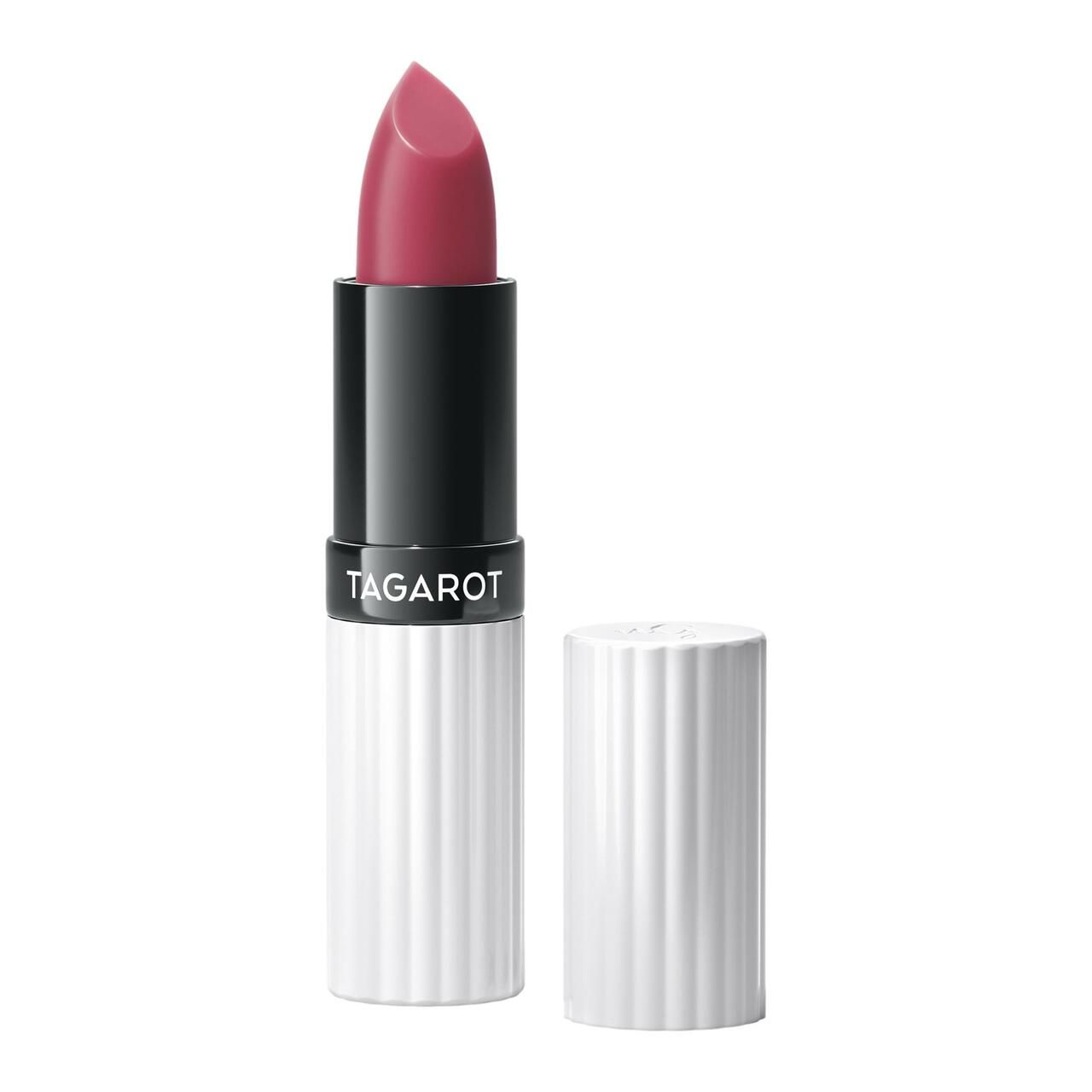 Lippenstift mit rosa Spitze und weiß-schwarzem Gehäuse. Gehäuse mit geriffelter Textur. "TARGAROT"-Schriftzug.