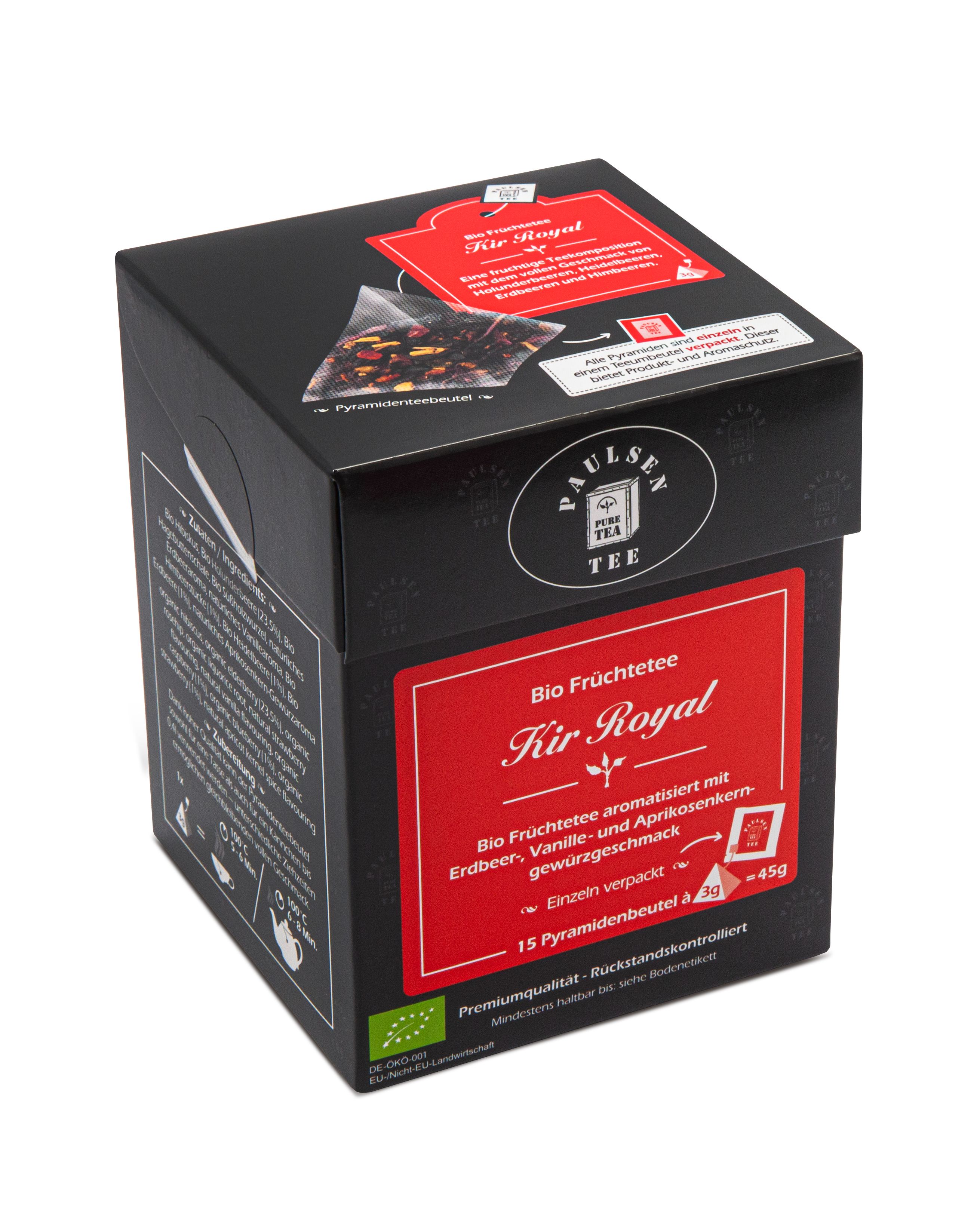 Schwarze Paulsen Tee-Box mit rotem Etikett "Kir Royal". Enthält 15 Pyramidenbeutel. Bio-Früchtetee mit Erdbeer-, Vanille- und Aprikosengeschmack.