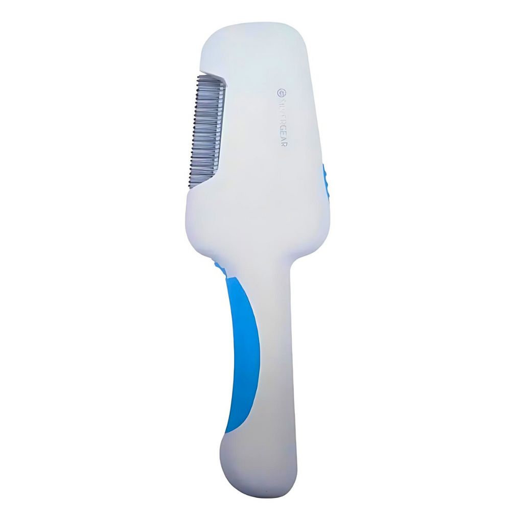 Silvergear Elektrischer Läusekamm, weiß mit blauem Griff. Metallzähne. Seitliche Ansicht.