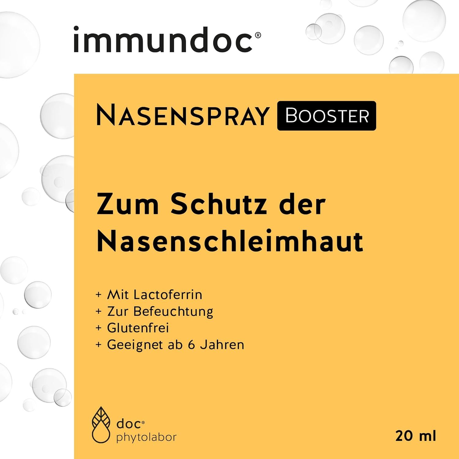 Produktverpackung mit Aufschrift: immundoc NASENSPRAY BOOSTER. Medizinprodukt. Mit Lactoferrin, glutenfrei, ab 6 Jahren.