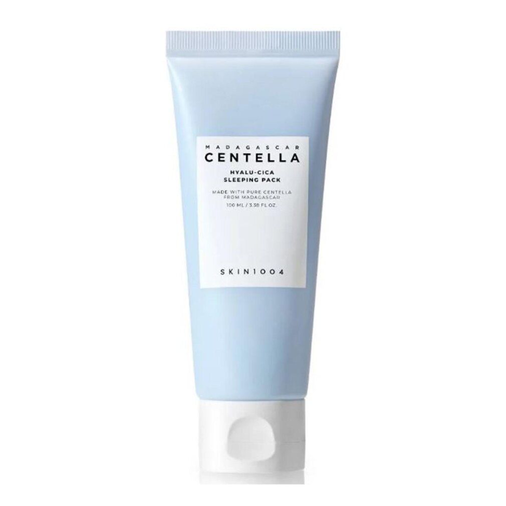 Hellblaue Tube mit weißem Etikett, SKIN1004 Madagascar Centella Hyalu-Cica Sleeping Pack.