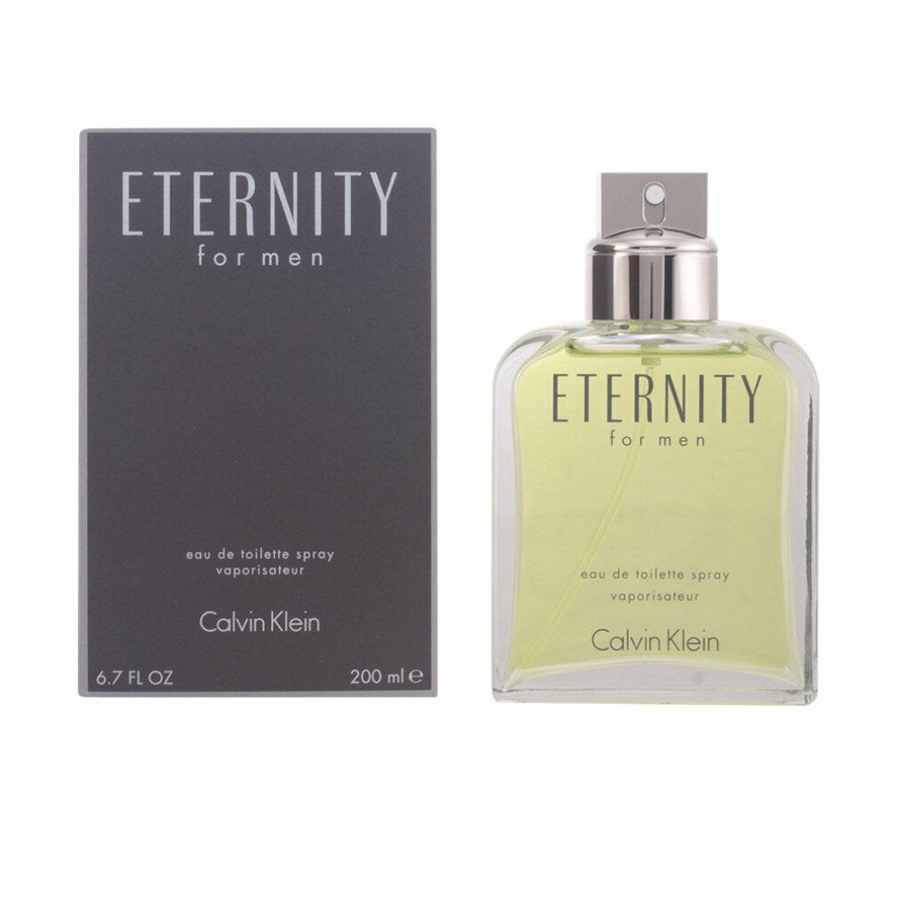 Flakon und Verpackung. Flakon: eckig, Glas, silberner Zerstäuber. Verpackung: grau. Aufschrift: Eternity for Men, Calvin Klein.