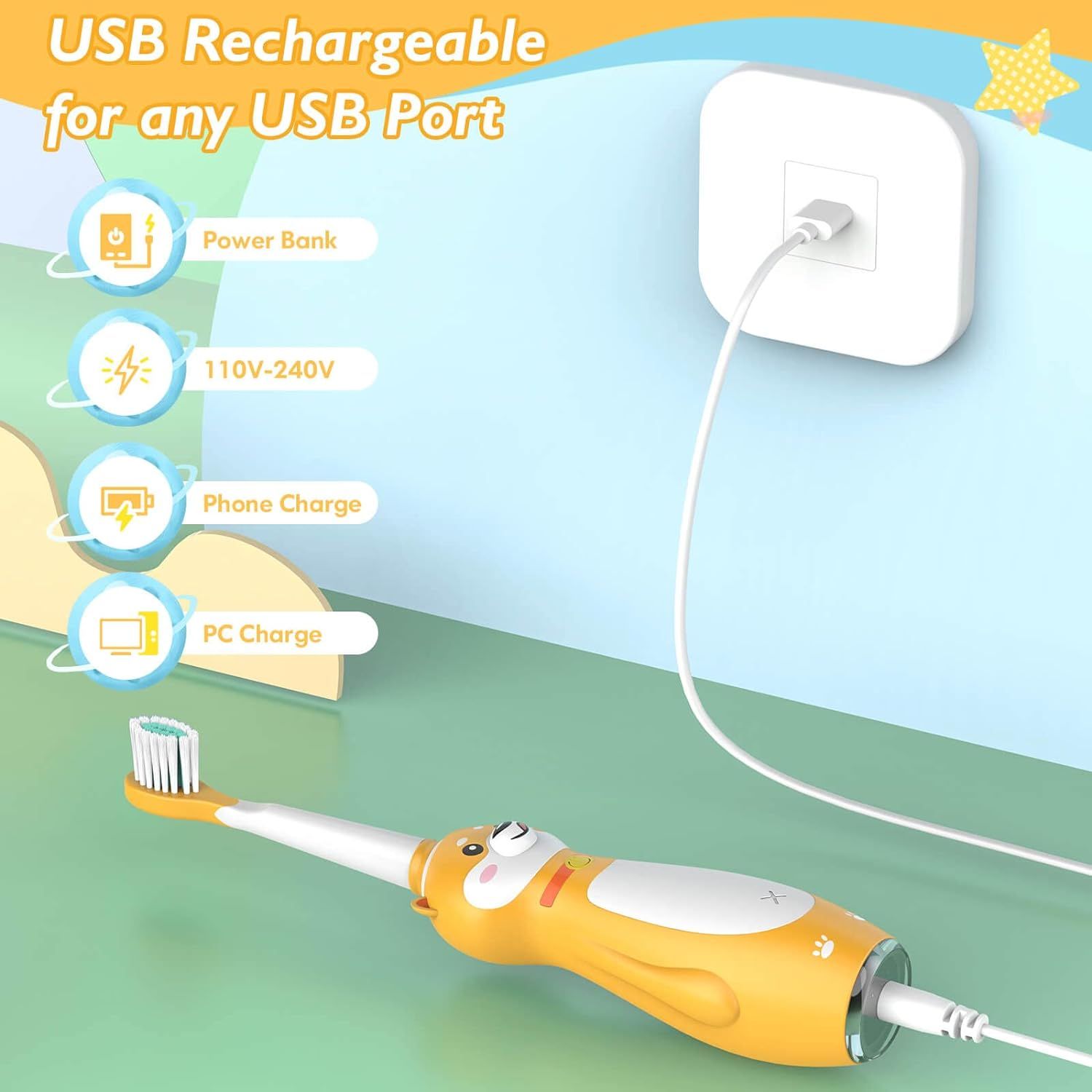 Gelbe elektrische Zahnbürste mit Hundedesign, wird über ein USB-Kabel aufgeladen. Text: USB-Aufladung für jeden USB-Anschluss.