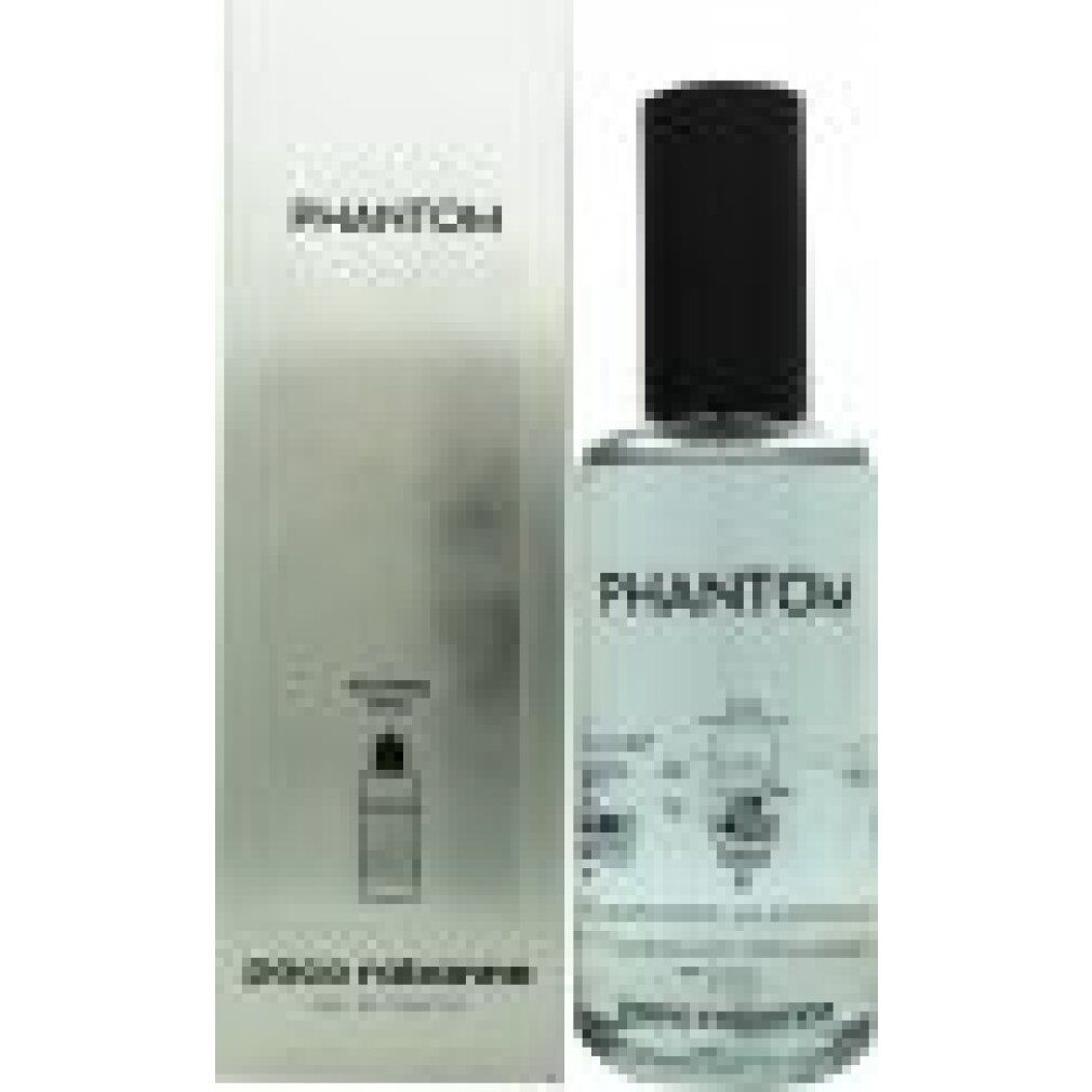 Weiße Schachtel und hellblaue Flasche mit schwarzem Verschluss. Aufschrift Phantom und Paco Rabanne Eau de Toilette.