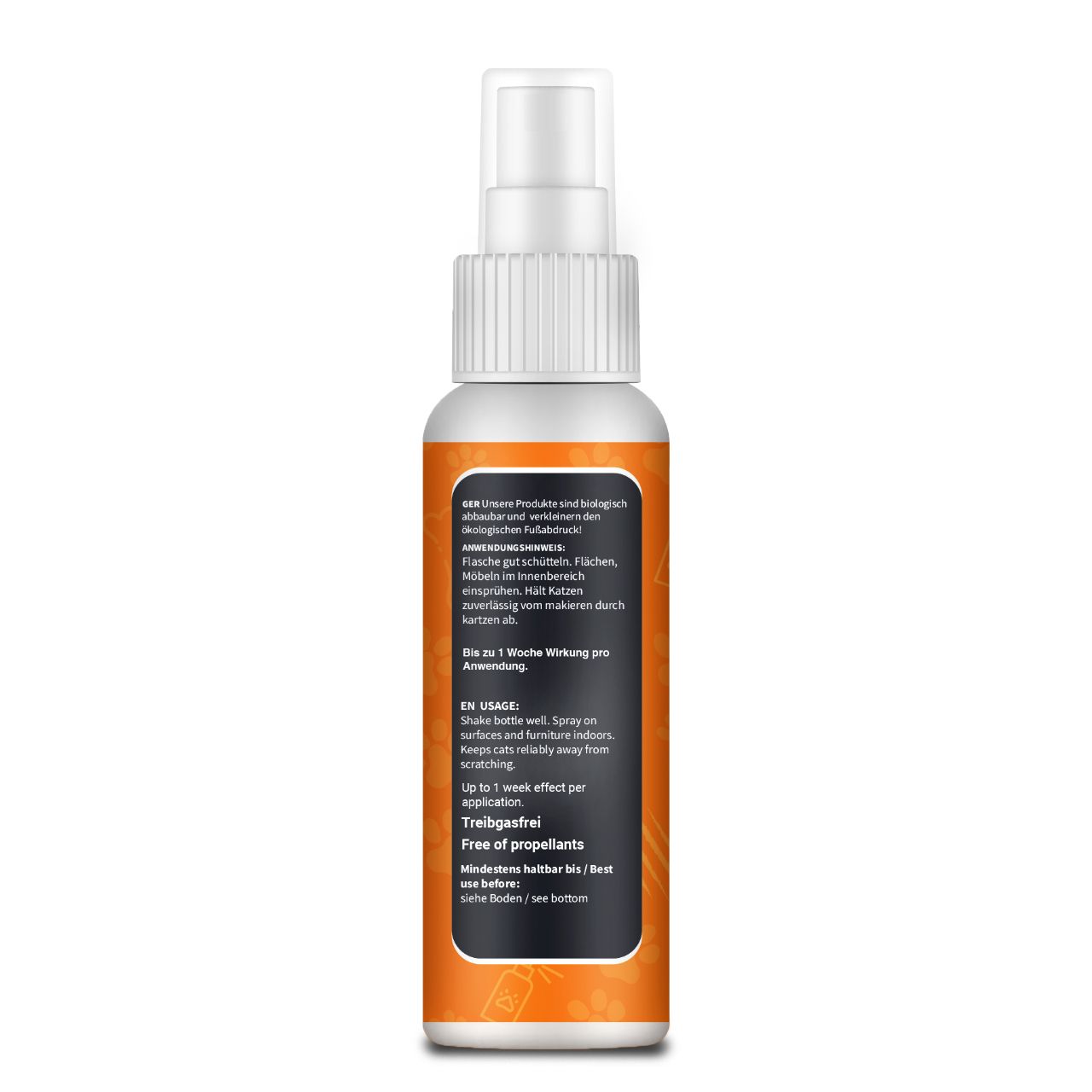 Rückseite einer weißen Sprühflasche mit orangefarbenem Etikett. Text: Inhaltsstoffe, Anwendung, bis zu 1 Woche Wirkung. Treibgasfrei.