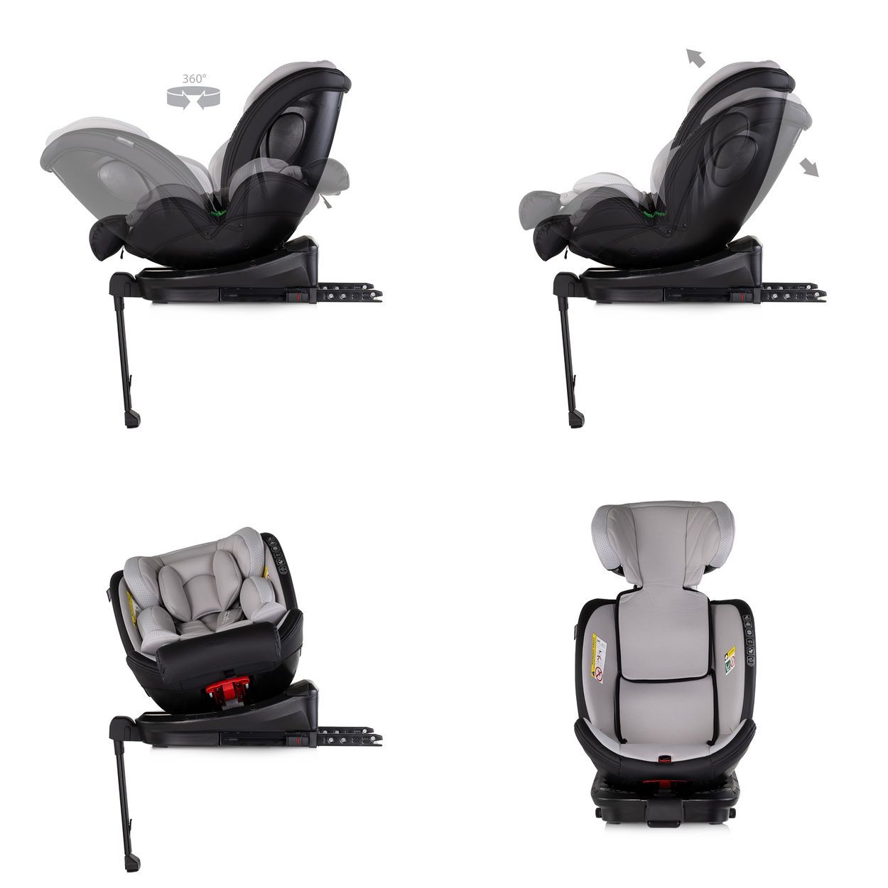 Vier Ansichten eines braunen Kindersitzes mit Kopfstütze, 5-Punkt-Gurt und Isofix-Basis.