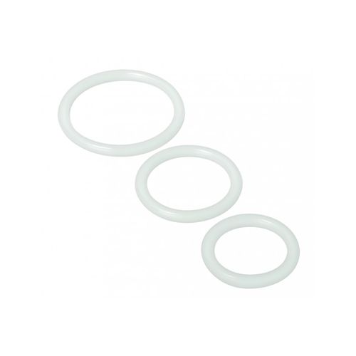 Drei weiße Silikonringe unterschiedlicher Größe. Die Ringe sind rund und liegen auf weißem Hintergrund.