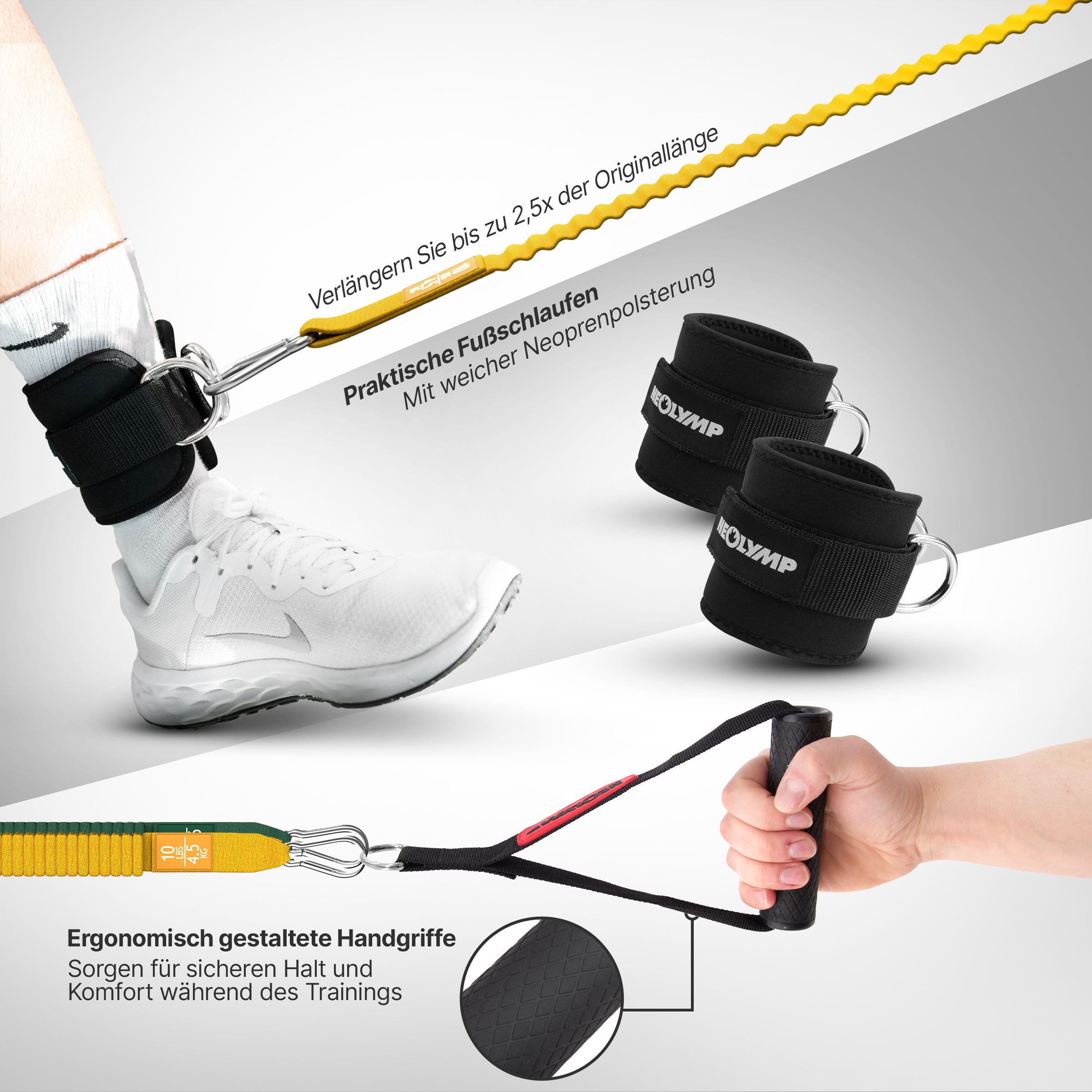 Person mit Fußschlaufe und gelbem Widerstandsband. Schwarze Fußschlaufen mit NEOLYMP-Logo. Ergonomische Handgriffe. Text.