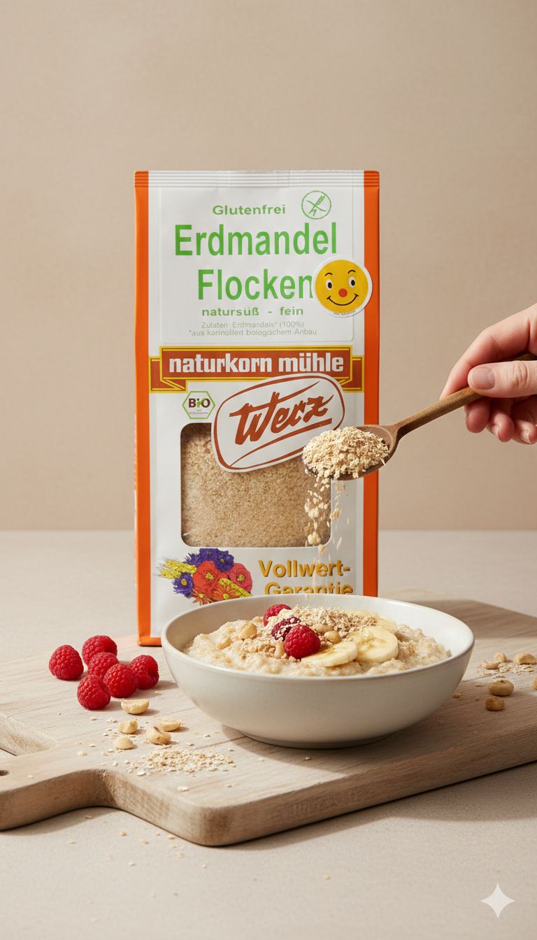 Werz Erdmandel Flocken glutenfrei in einer Schüssel mit Früchten und Haferflocken, daneben eine Packung.