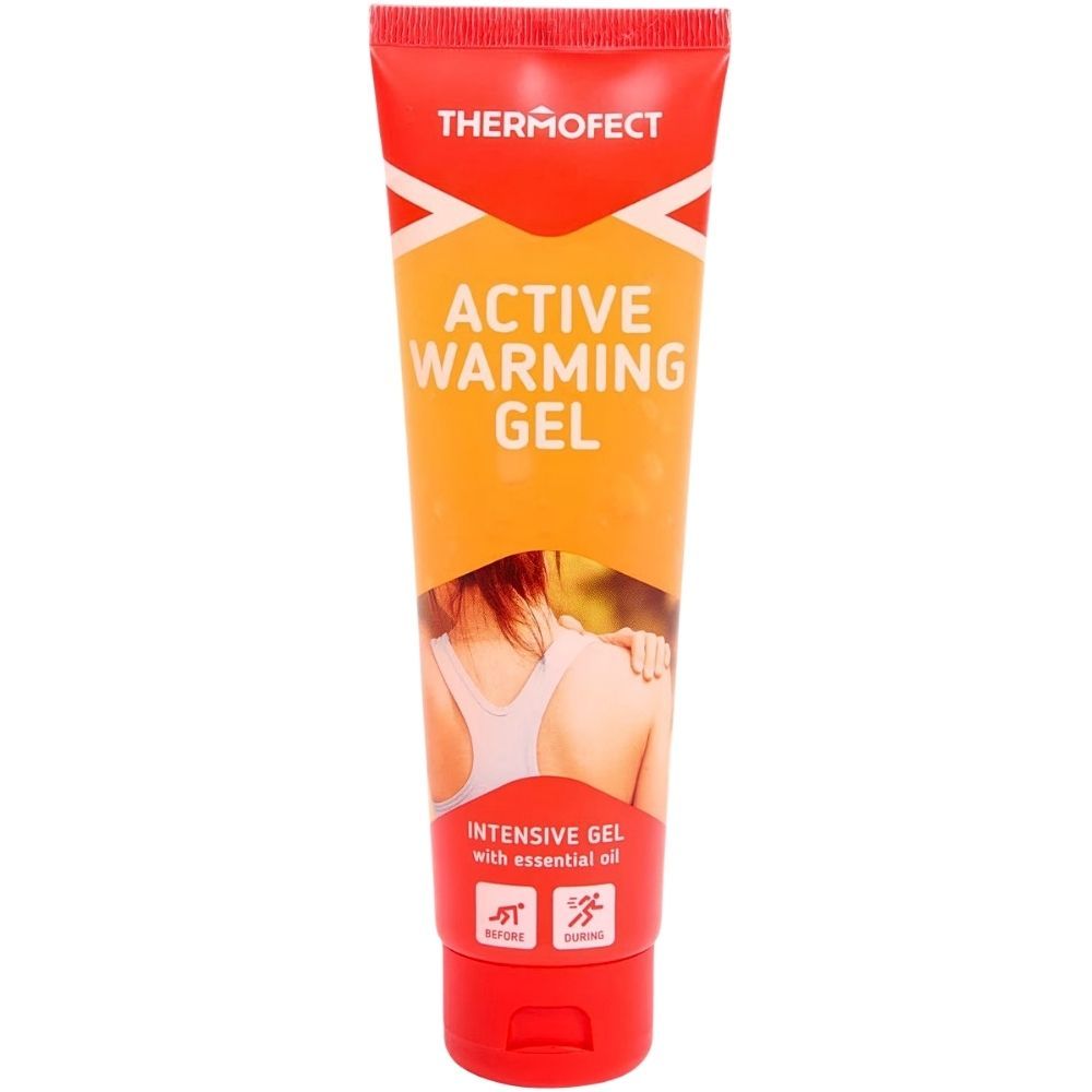 Orange Tube mit roter Kappe. "THERMOFECT" und "ACTIVE WARMING GEL" Schriftzug. Abbildung einer Person. "Intensiv-Gel mit ätherischem Öl".