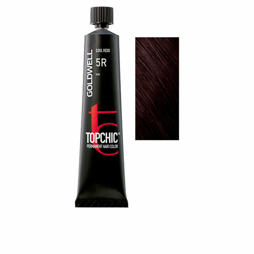 Goldwell Topchic 5R Haarfärbemittel. Schwarze Tube mit Text und Farbmuster. Aufschrift: COOL REDS.