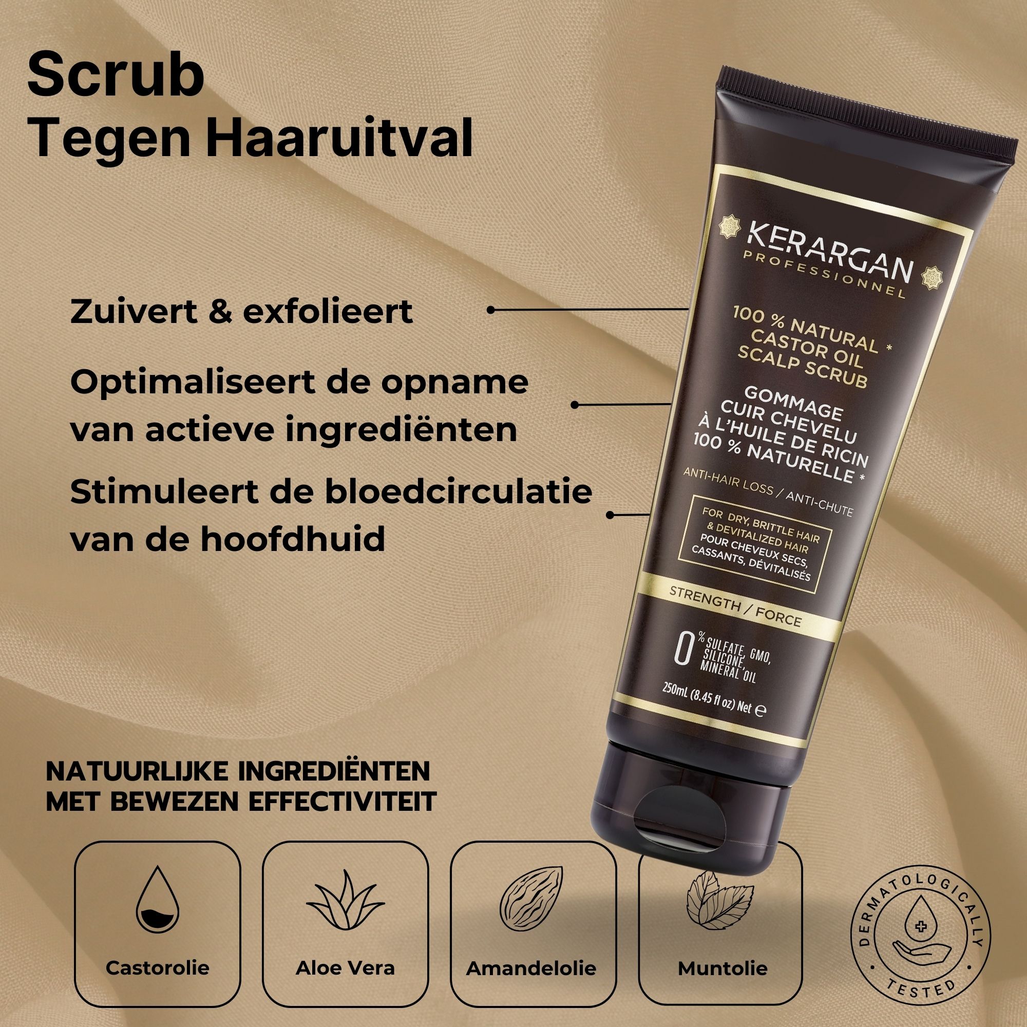 Kerargan peeling tube. Zwarte tube met gouden etiket. Tekst: 100% Natural Castor Oil Scalp Scrub.
