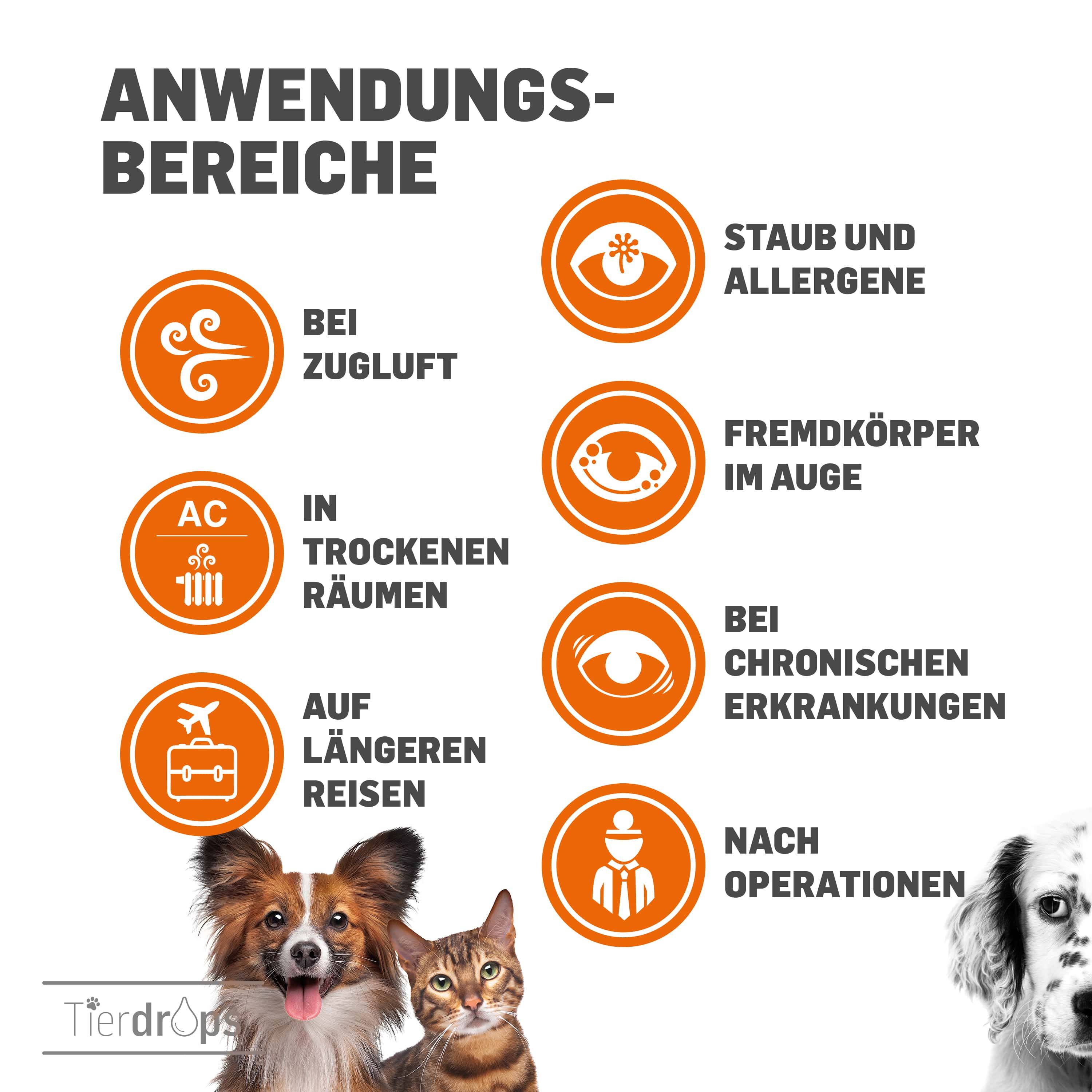 Anwendungsbereiche-Grafik. Symbole für Zugluft, trockene Räume, Reisen, etc. Hund und Katze.