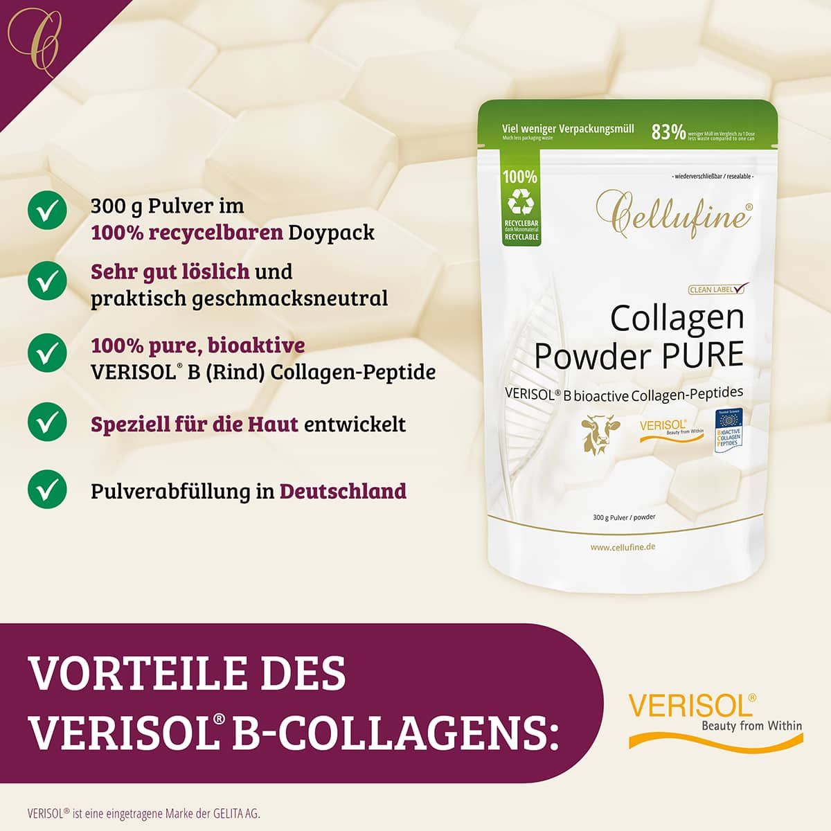 Cellufine Collagen Powder Pure Doypack. Vorteile: 300 g Pulver im 100% recycelbaren Doypack. Sehr gut löslich und geschmacksneutral. Speziell für die Haut entwickelt.