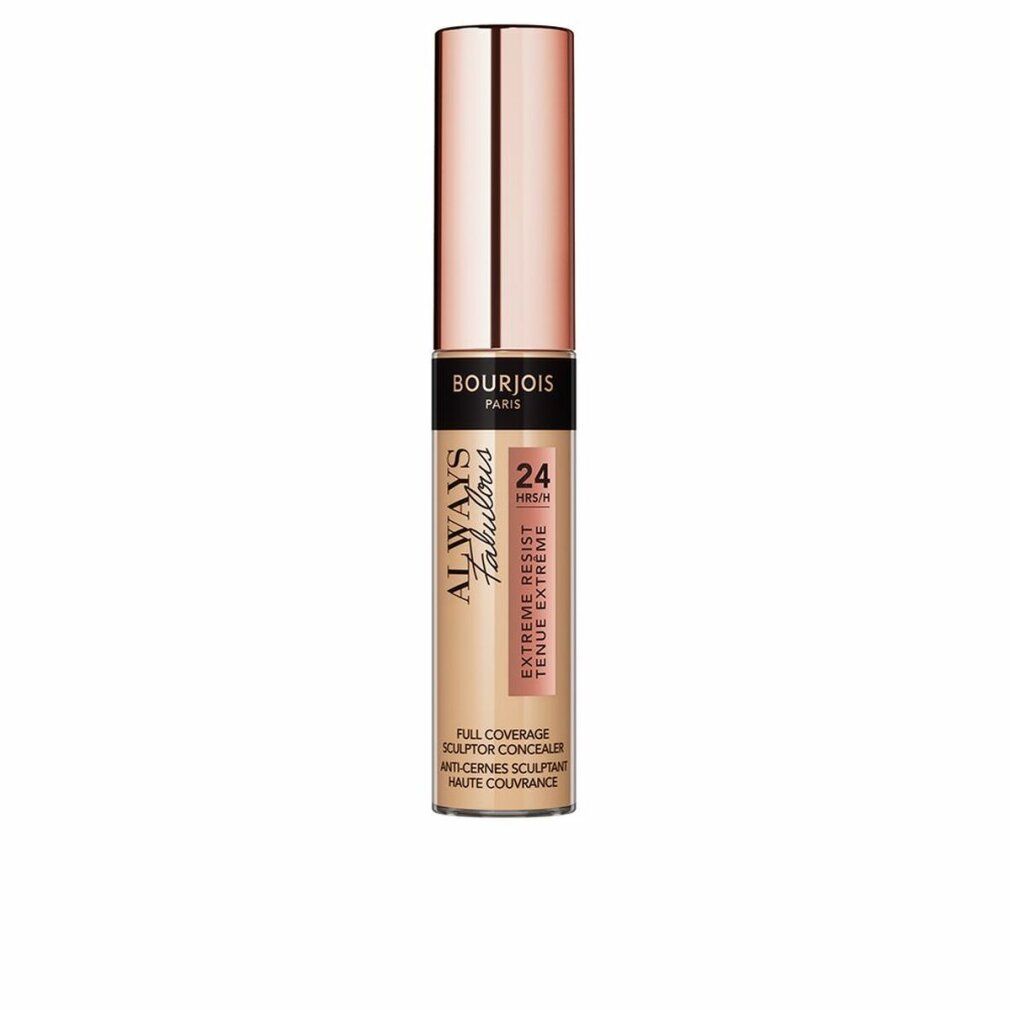 Concealer-Tube mit roségoldfarbenem Deckel. Schwarzer Schriftzug: Bourjois Paris, Always Fabulous, 24H. Beige Farbton.