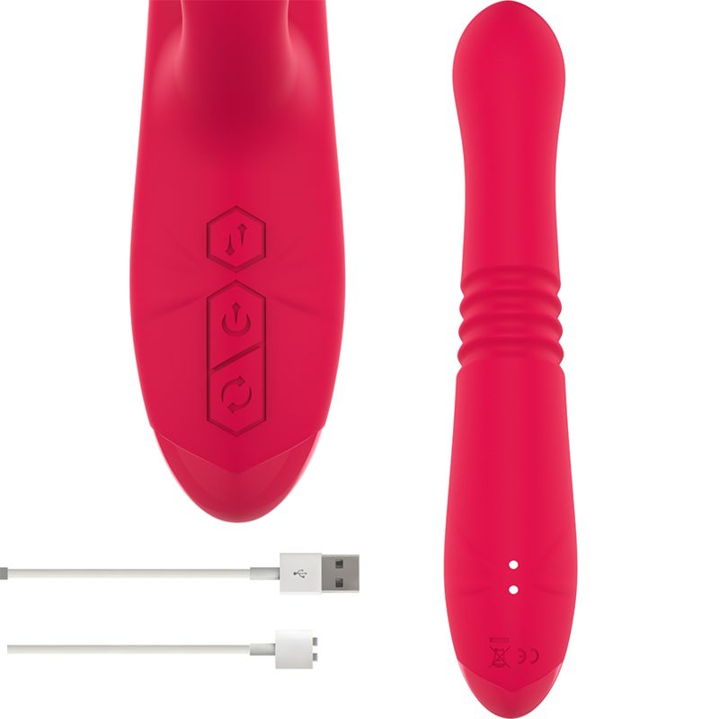 Roter Vibrator mit Zungen-Design. USB-Ladekabel. Zwei weiße Punkte auf der Unterseite.