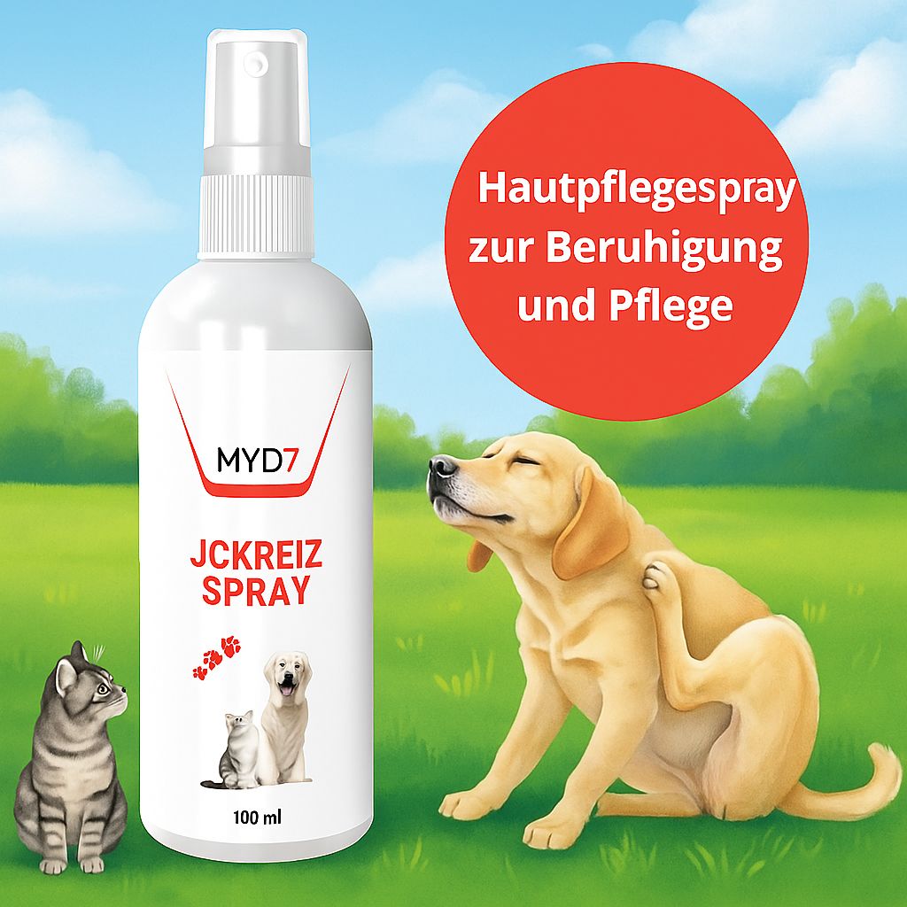 Weiße Sprühflasche mit roter und schwarzer Beschriftung. Aufdruck: MYD7, JCKREIZ SPRAY. Katze, Hund und Pfotenabdrücke. 100 ml. Roter Kreis: Hautpflegespray.