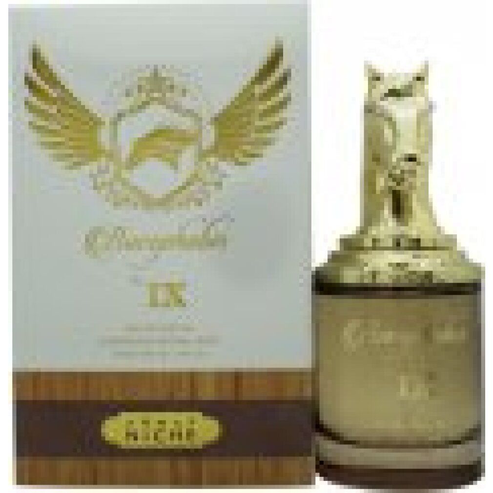 Parfümflasche mit goldfarbenem Pferdekopf-Deckel und Verpackung. Aufschrift: Bucephalus IX, Armaf Niche.
