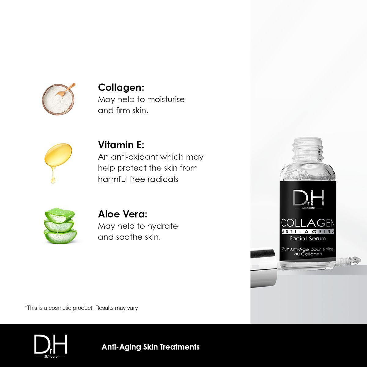 Serumflasche mit Inhaltsstoffen. Text: Kollagen, Vitamin E, Aloe Vera. Anti-Aging Facial Serum. D.H. Skincare.