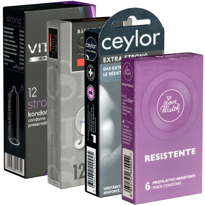 Mehrere Kondom-Verpackungen. Marken: VITA, ceylor, Love Match. Aufschrift: Extra Strong, Resistente, 12 bzw. 6 Kondome.