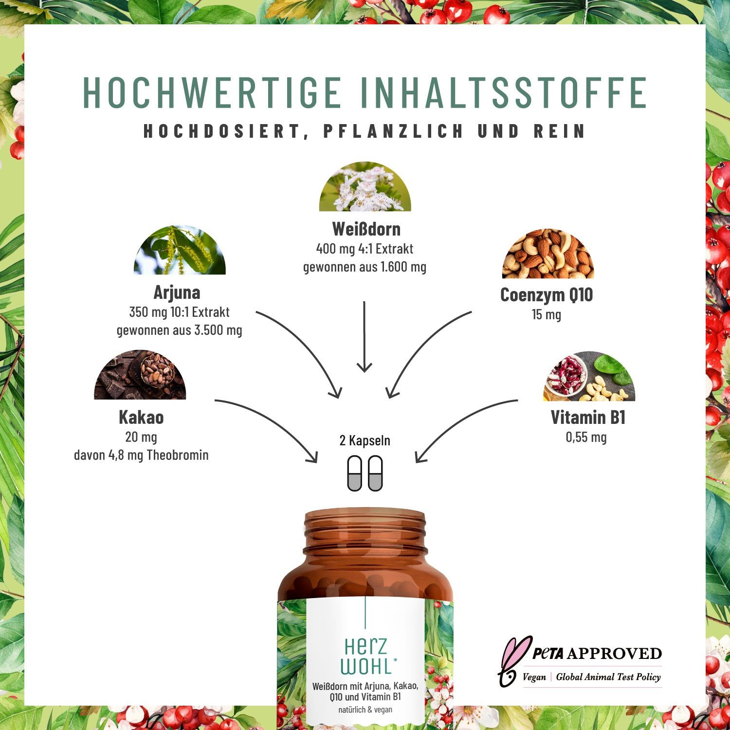 Weißdorn mit Arjuna, Kakao, Q10 und Vitamin B1 - Herzwohl - NATURTREU®