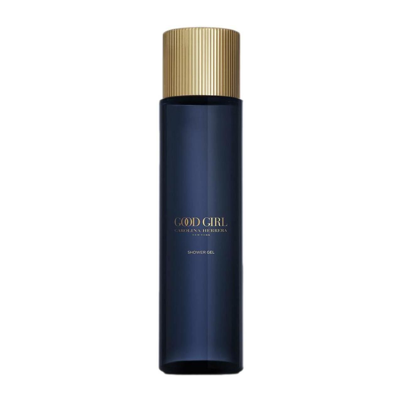 Flacone blu e oro con scritta GOOD GIRL e CAROLINA HERRERA. Etichetta gel doccia. Tappo dorato.