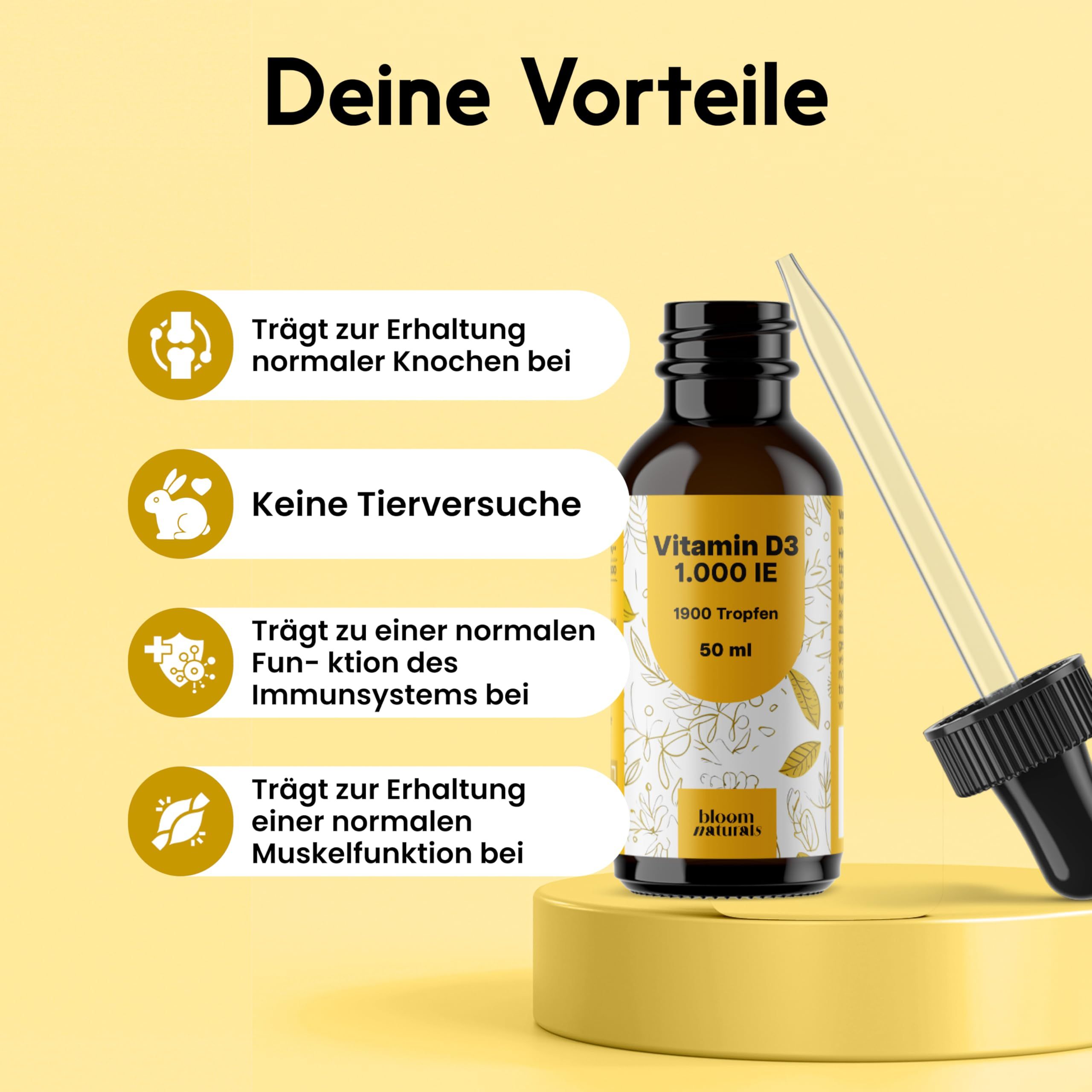Produktflasche mit Tropfer neben Textblöcken. Text: Deine Vorteile. Vorteile: Knochen, keine Tierversuche, Immunsystem, Muskelfunktion.