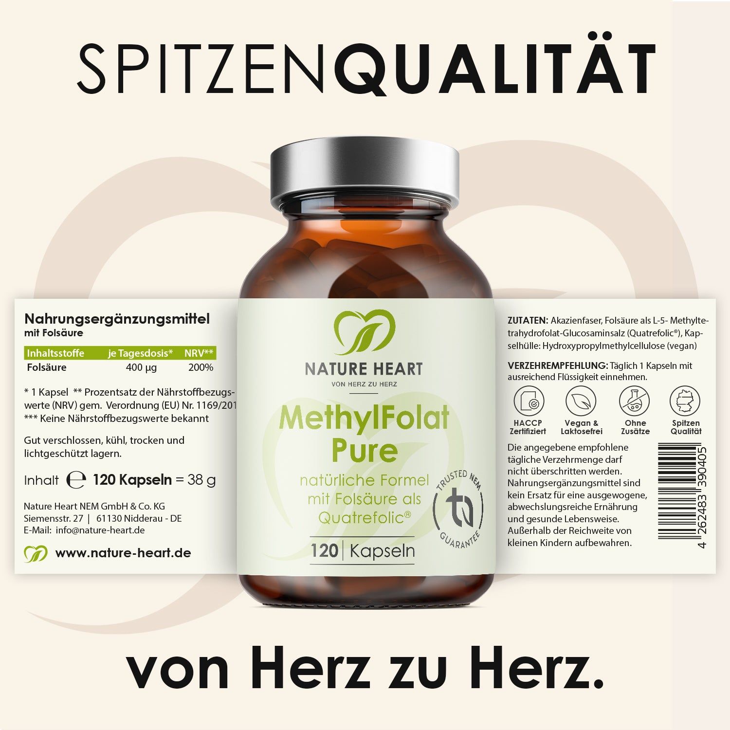 Braune Glasflasche mit Kapseln. Aufschrift: MethylFolat Pure, 120 Kapseln. Text und Zutatenliste.