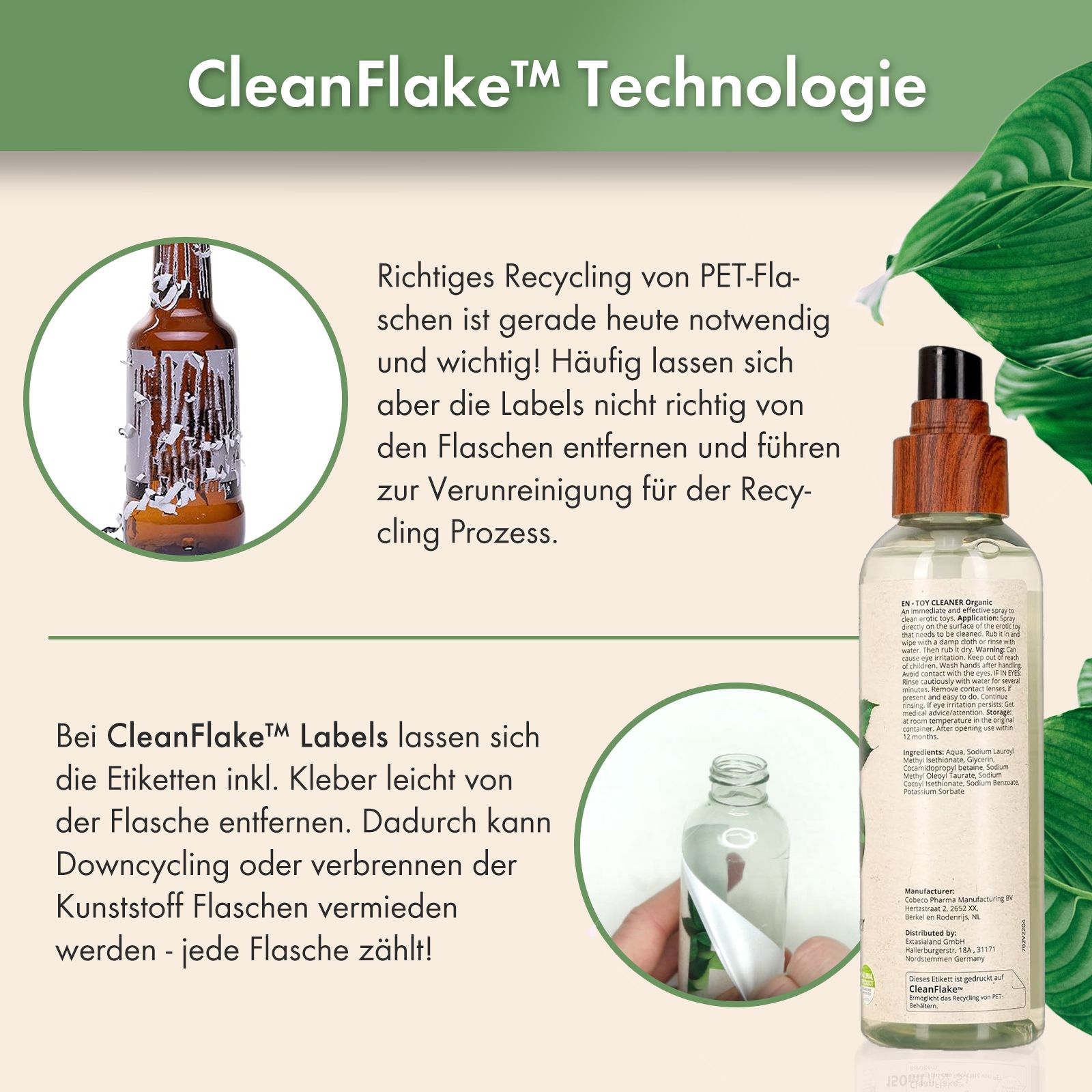 Text über CleanFlake™ Technologie. Abbildung einer Flasche mit abgelöstem Etikett. Text über Recycling von PET-Flaschen.