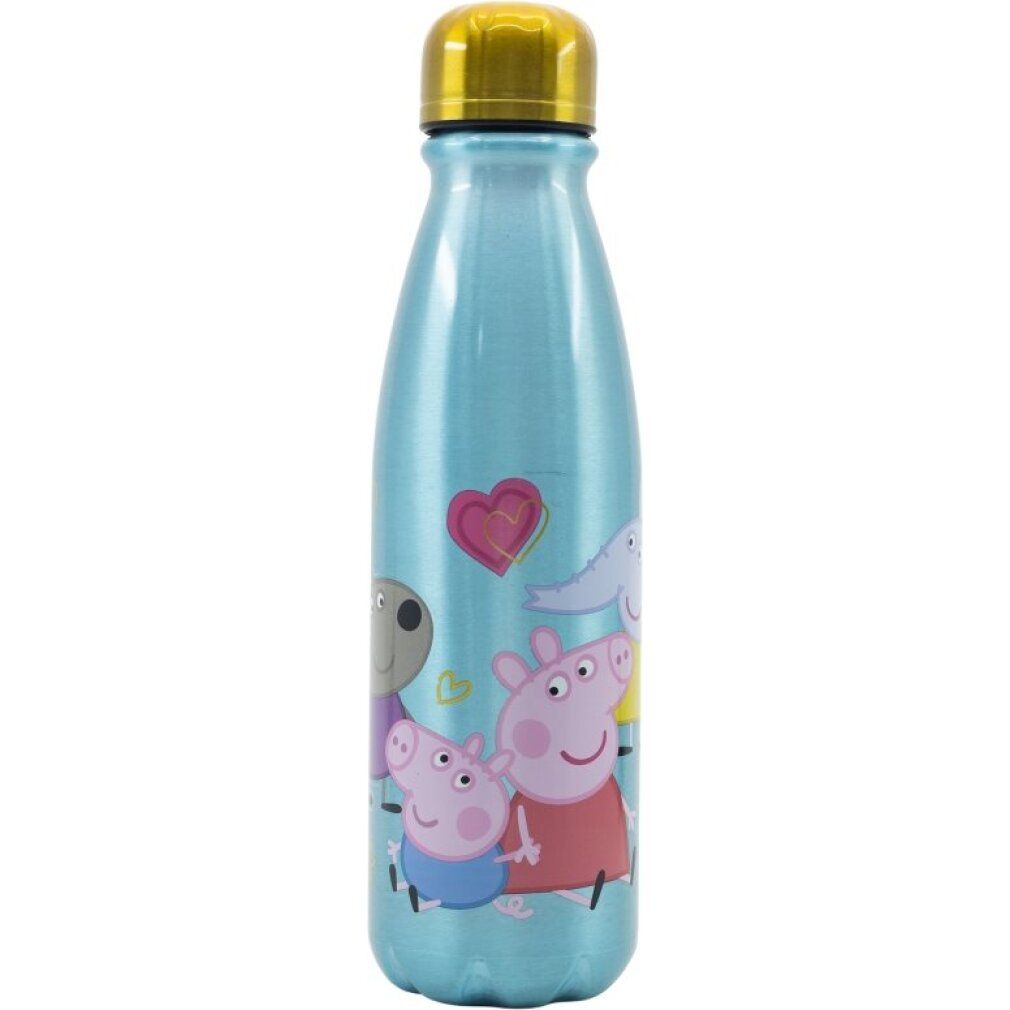 Hellblaue Trinkflasche mit goldfarbenem Deckel. Mit Peppa Wutz-Motiv. Aluminium-Trinkflasche.