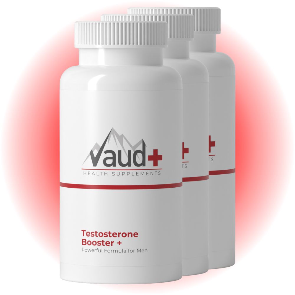 Drei weiße Flaschen mit rotem Streifen und Deckel. Aufschrift: Vaud+, Health Supplements, Testosterone Booster +.