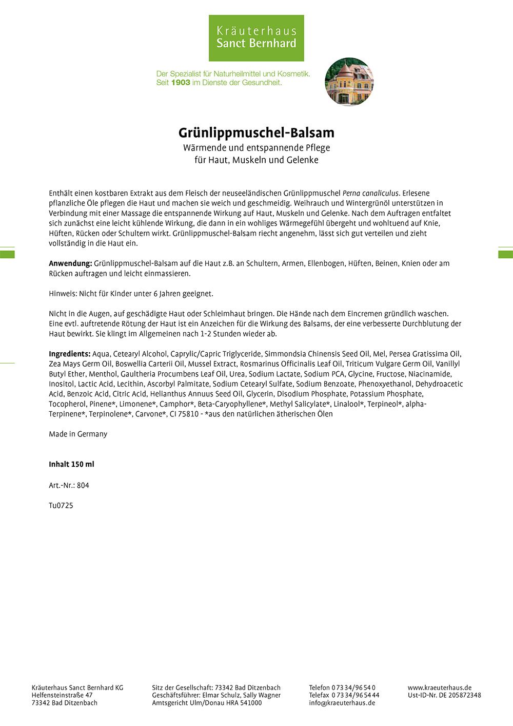 Produktetikett mit Text und Inhaltsstoffen. Grünlippmuschel-Balsam. Herstellerlogo oben rechts.