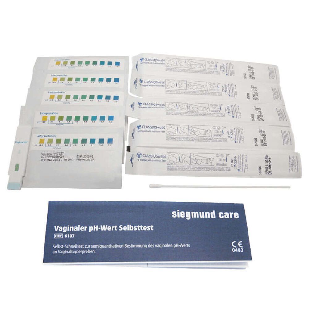 Verpackung des Vaginaler pH-Wert Selbsttest. Enthält Teststreifen, Tupfer, Anleitungen. Marke: siegmund care.