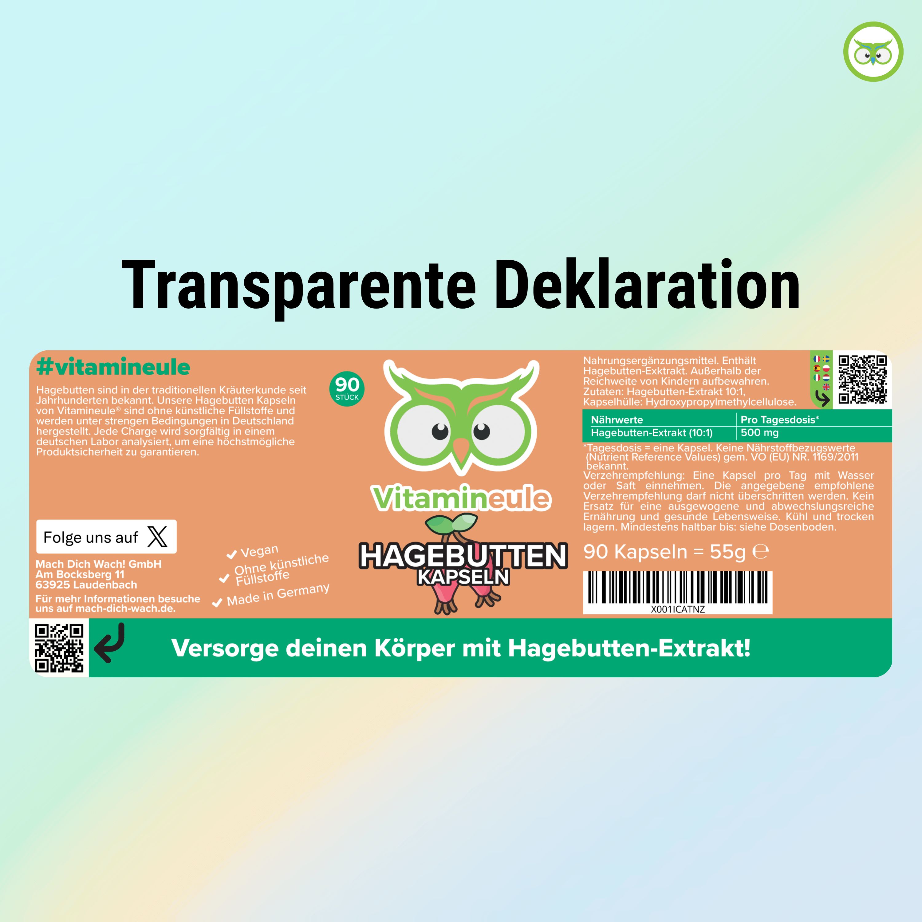 Etikett. Text: #vitamineule, 90 Kapseln, Hagebutten Kapseln. Inhaltsstoffe. Vegan, ohne künstliche Zusätze, Made in Germany. QR-Code.