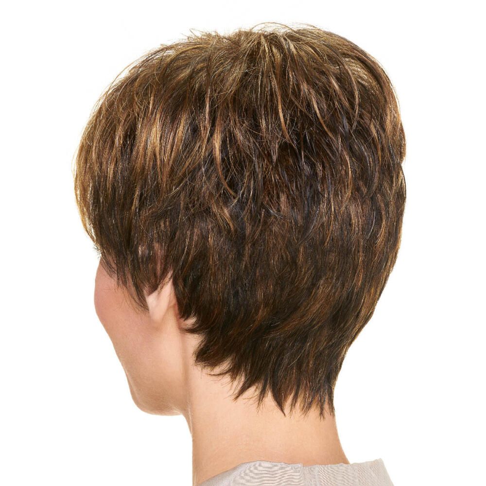 Kurzhaarperücke mit braunen und blonden Strähnen. Rückansicht.