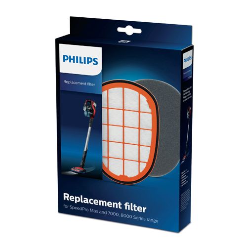 Ersatzfilter in Verpackung. Marke Philips. Filter mit orangefarbenem Rahmen und weißem Gitter. Für SpeedPro Max und 7000, 8000 Serie.