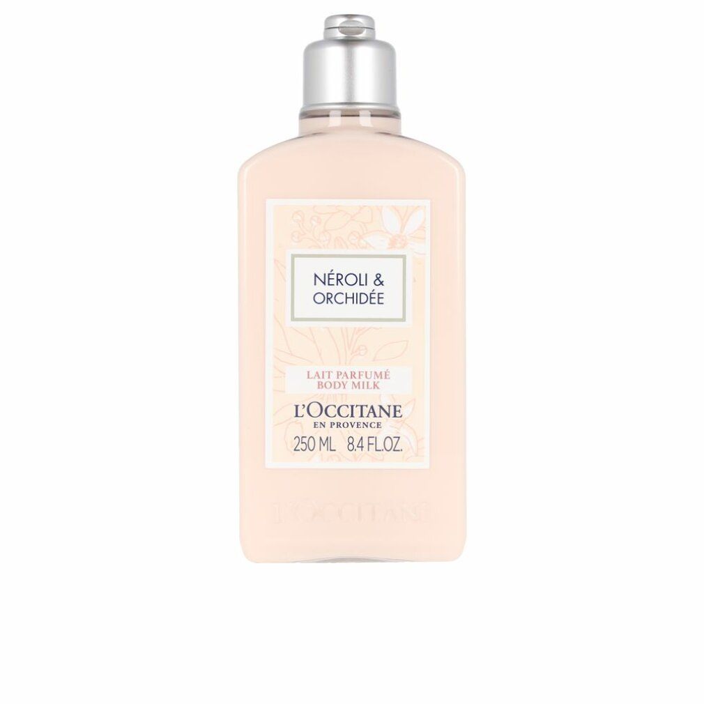 Beige Flasche mit silberfarbenem Deckel. Aufschrift: Néroli & Orchidée, Lait Parfumé, L'Occitane. 250 ml.