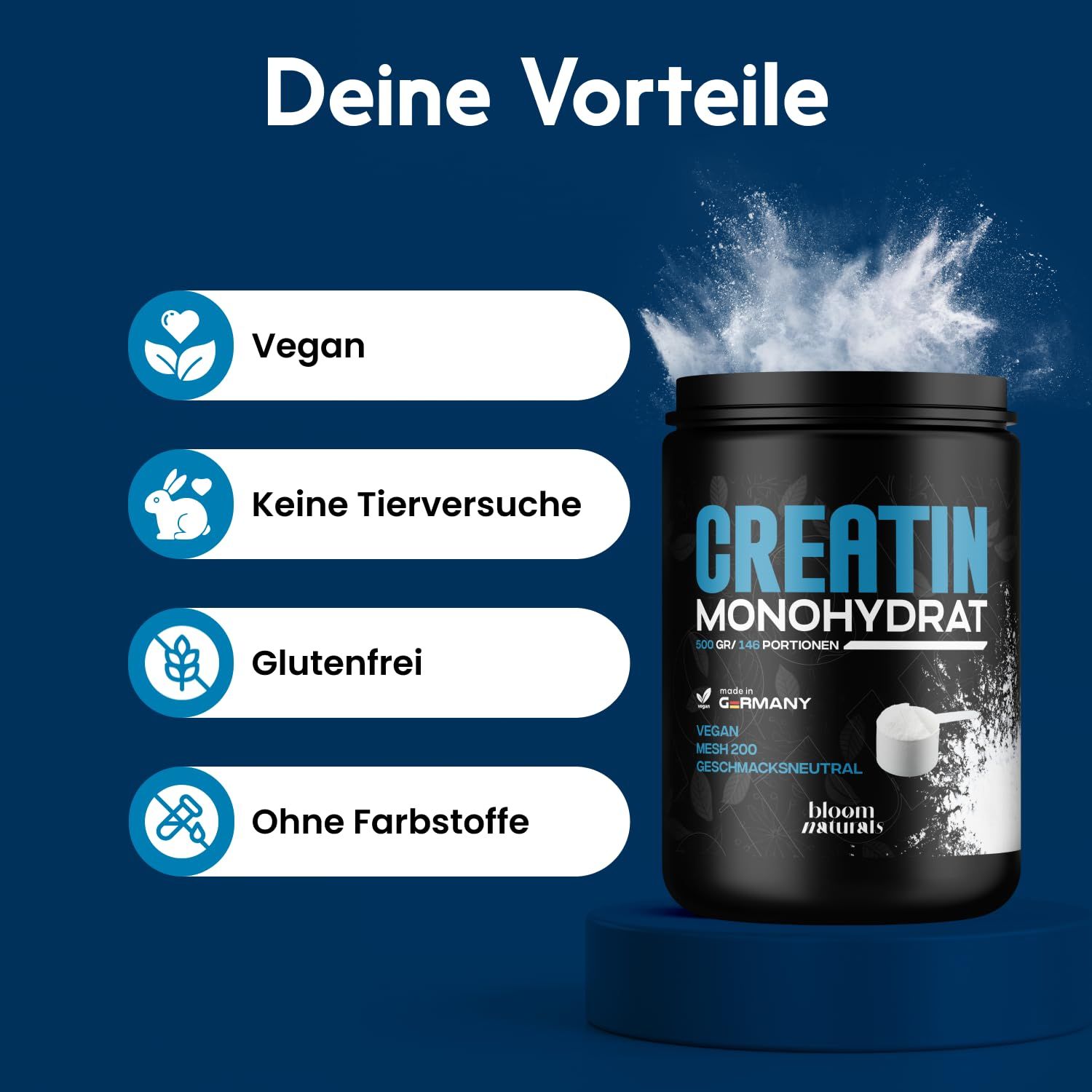Schwarze Dose mit "Creatin Monohydrat". Text: Vegan, keine Tierversuche, glutenfrei, ohne Farbstoffe. Dose mit Messlöffel und Pulver.
