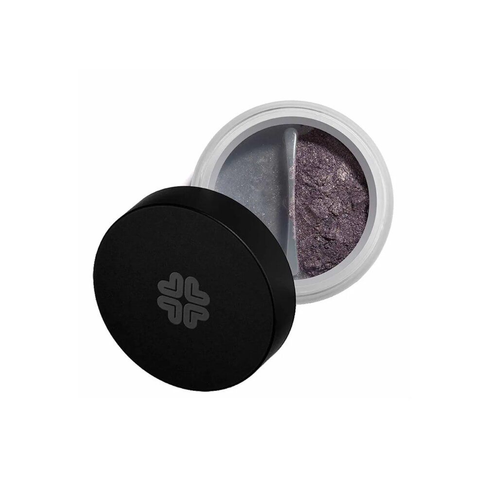 Runder, offener Behälter mit zwei getrennten Bereichen. Ein Bereich enthält goldenes Lilac-Mineralpuder. Schwarzer Deckel mit Logo.