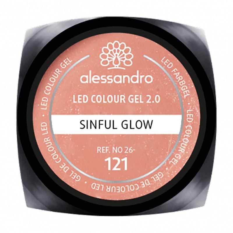 Runder Tiegel mit rosafarbenem Gel. Auf dem Deckel steht "alessandro LED COLOUR GEL 2.0 SINFUL GLOW". Referenznummer 121.