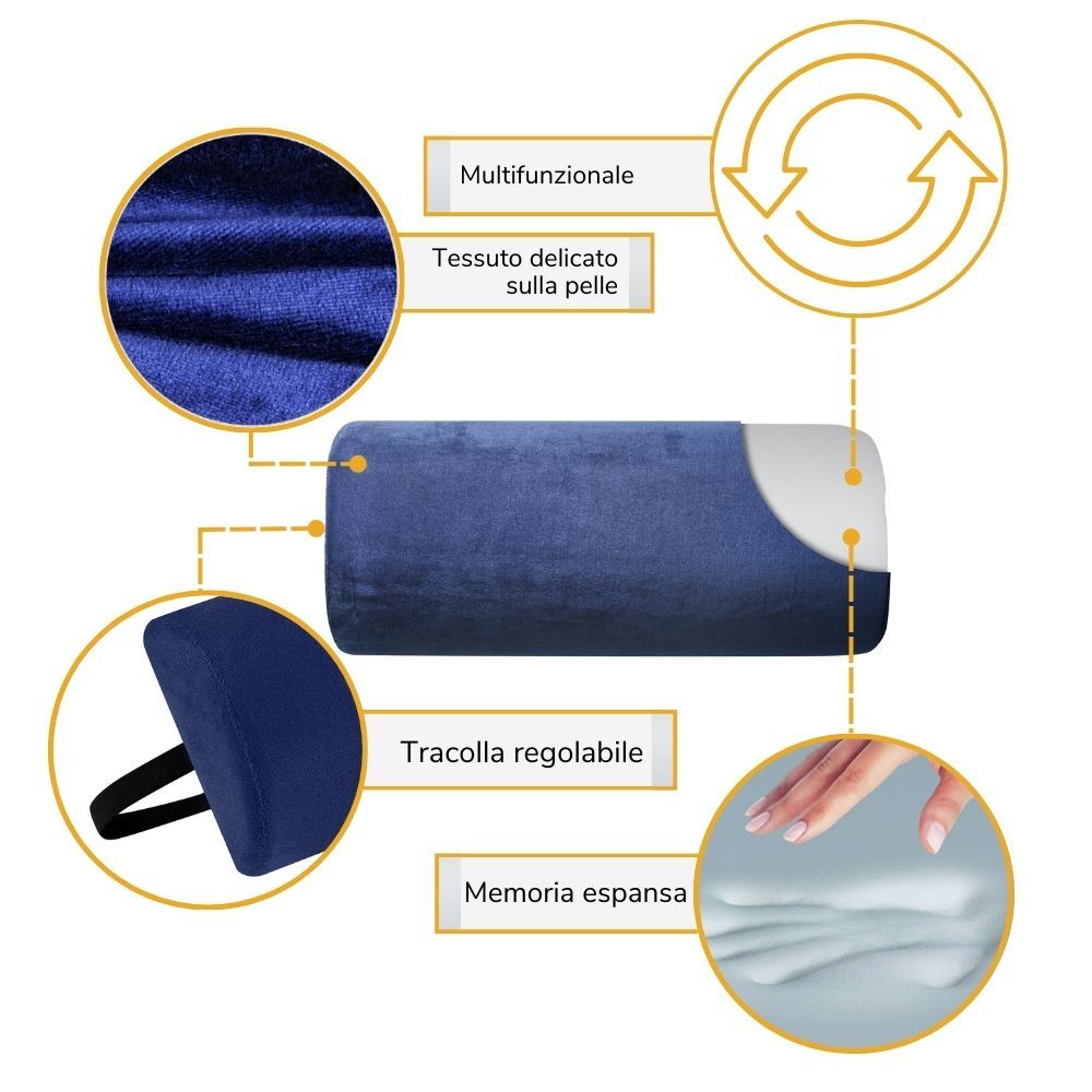 Cuscino blu, semiround con cinturino regolabile. Dettagli: memory foam, tessuto delicato sulla pelle.