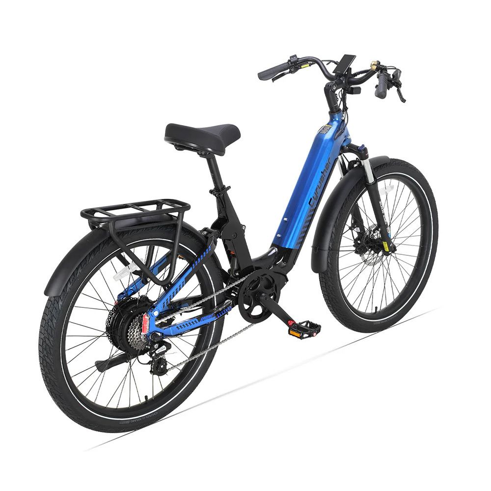 Blau-schwarzes E-Bike. Gepäckträger, 8 Gänge. Cyrusher Sprint.