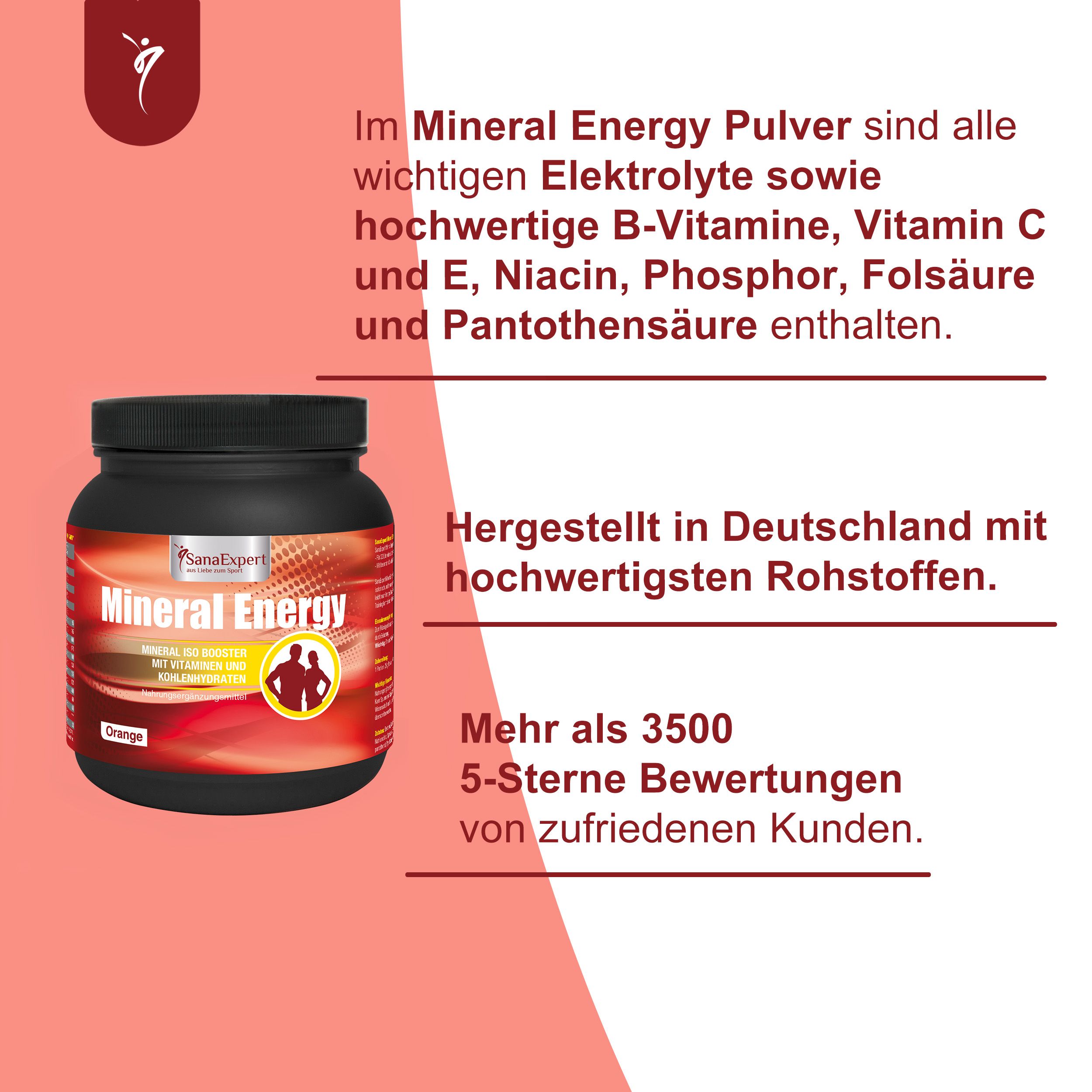 Schwarzes SanaExpert Mineral Energy-Behälter. Orangefarbenes Etikett mit Produktnamen und Logo. Text: Elektrolyte, Vitamine, Mineralstoffe.