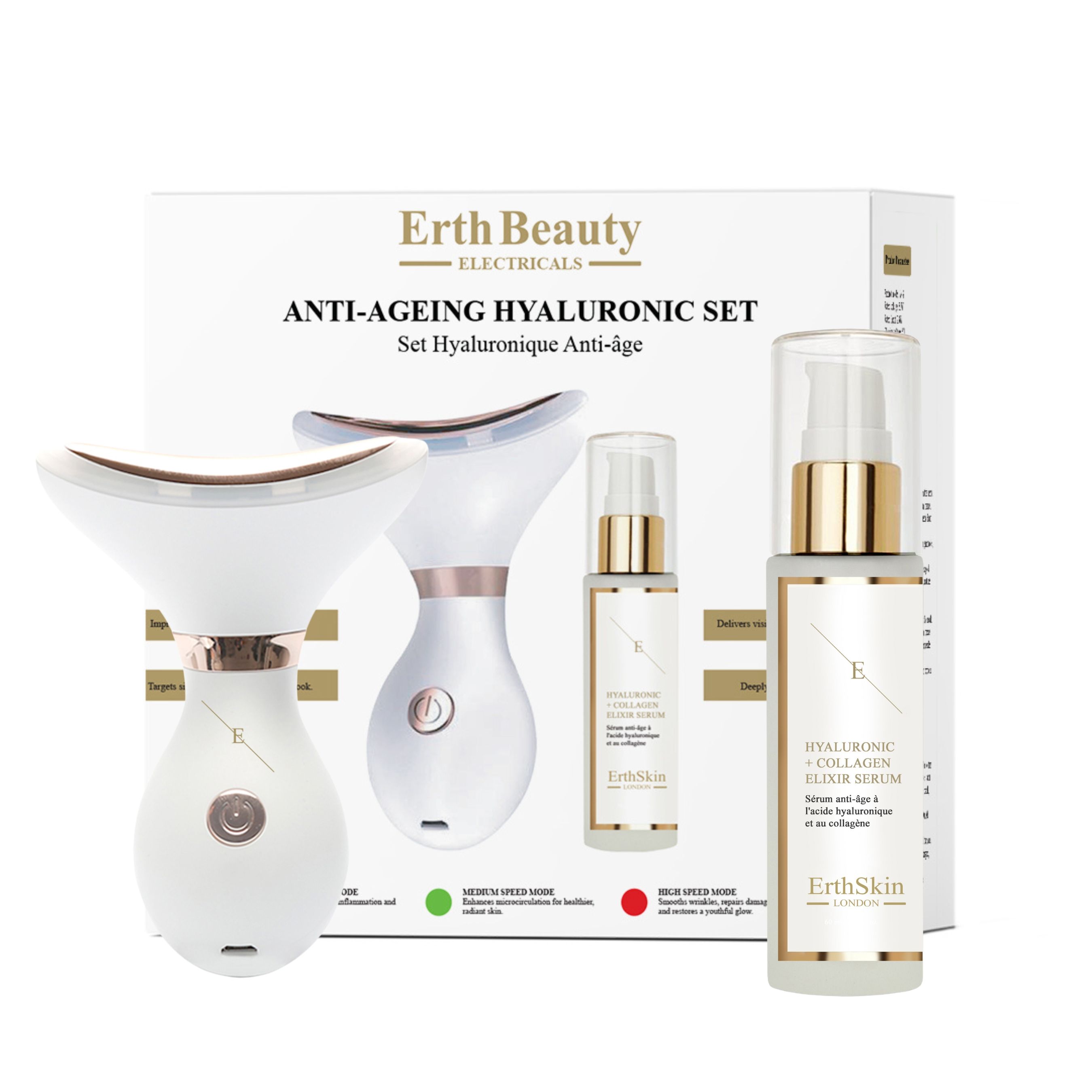 Set mit Gerät und Serum in einer Box. Das Gerät hat eine geschwungene Form. Auf der Box steht Anti-Ageing Hyaluronic Set. Grün/Rot-Indikatoren.