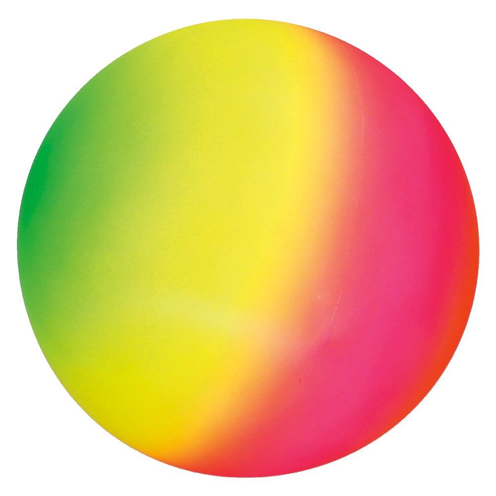Regenbogenfarbener Ball. Farben: Gelb, Grün, Pink. Kugelform.